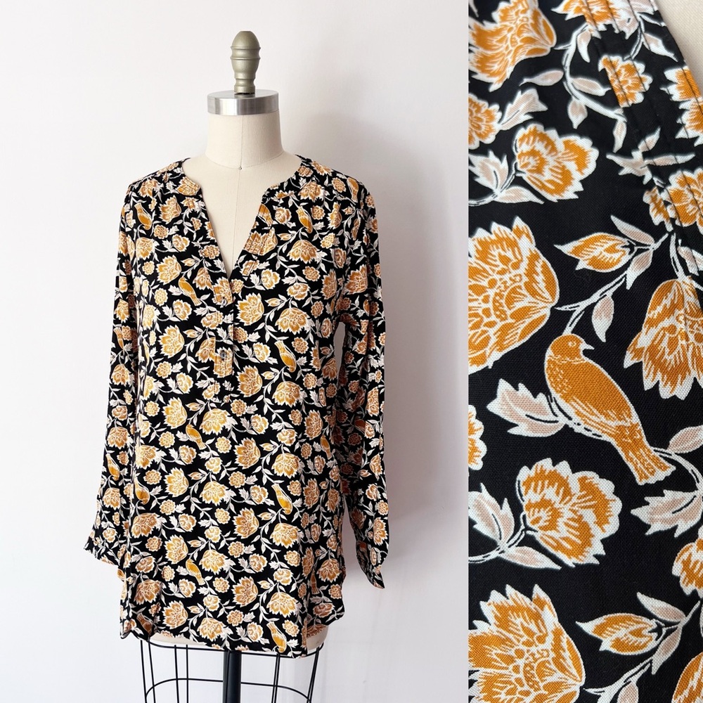Old Navy Floral Print Popover Split Neck Tunic Blouse Top Bird Print Novelty